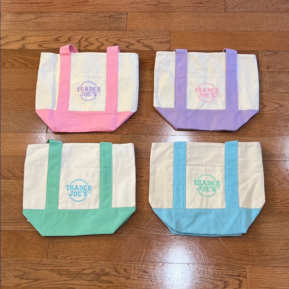 NWT Trader Joe's Mini Pastel Canvas Totes Set of 4 Spring Colorful Collectibles